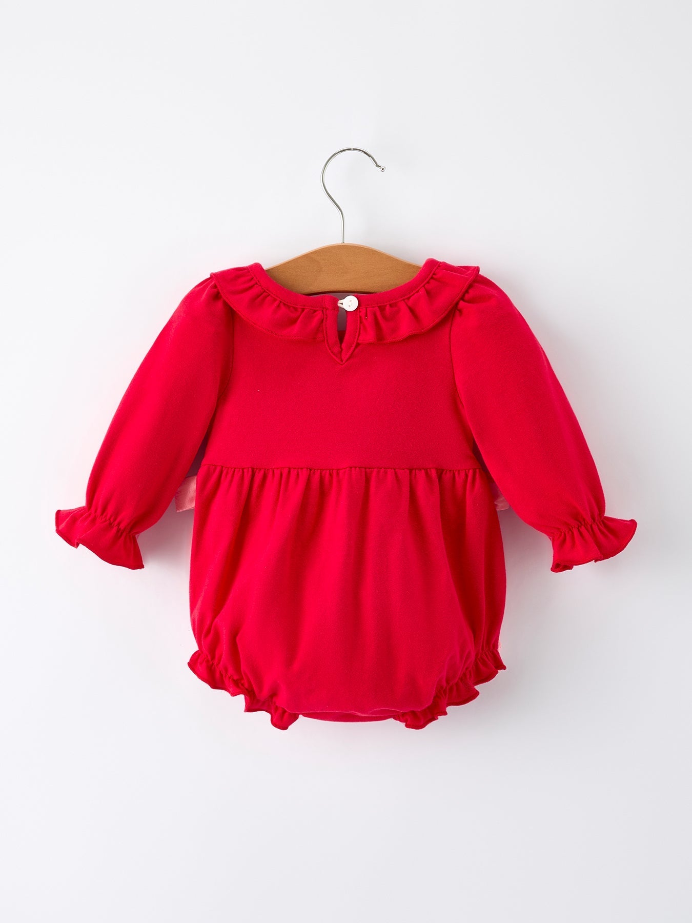Christmas Smocked Embroidery Baby Girls Romper with Pink Ribbon Ties Rylee Faith Designs Everetts Place: Online Boutique