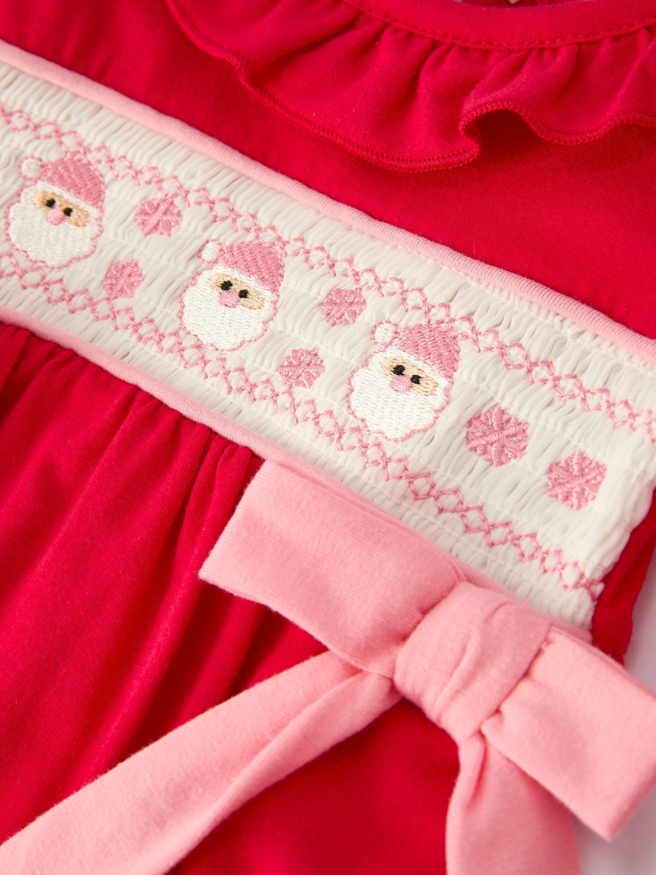 Christmas Smocked Embroidery Baby Girls Romper with Pink Ribbon Ties Rylee Faith Designs Everetts Place: Online Boutique