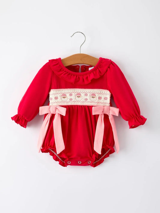 Christmas Smocked Embroidery Romper With Pink Ribbon Ties Rylee Faith Designs Everetts Place: Online Boutique