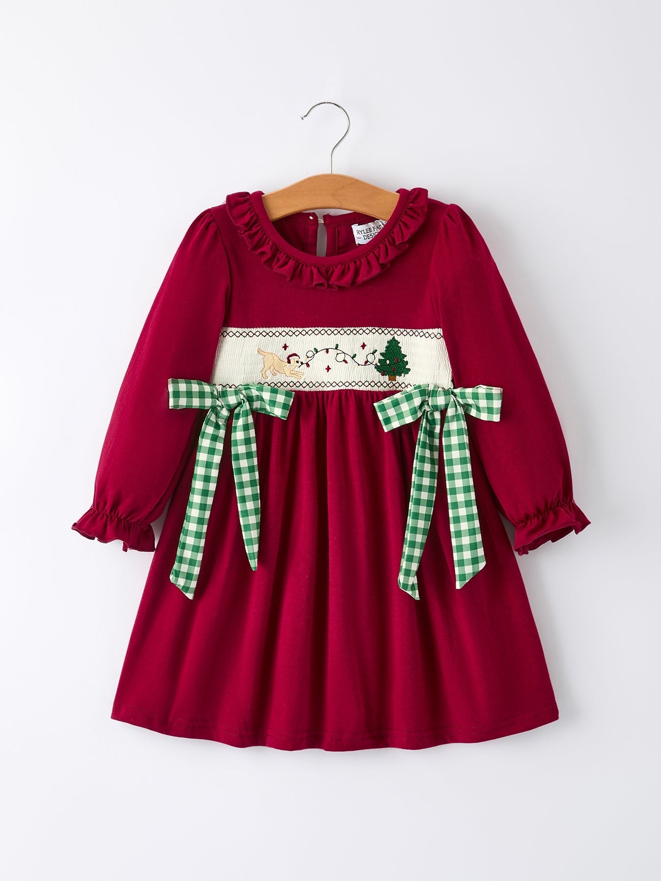 Christmas Smocking Embroidered Girls Dress with Green Plaid Bow Rylee Faith Designs Everetts Place: Online Boutique
