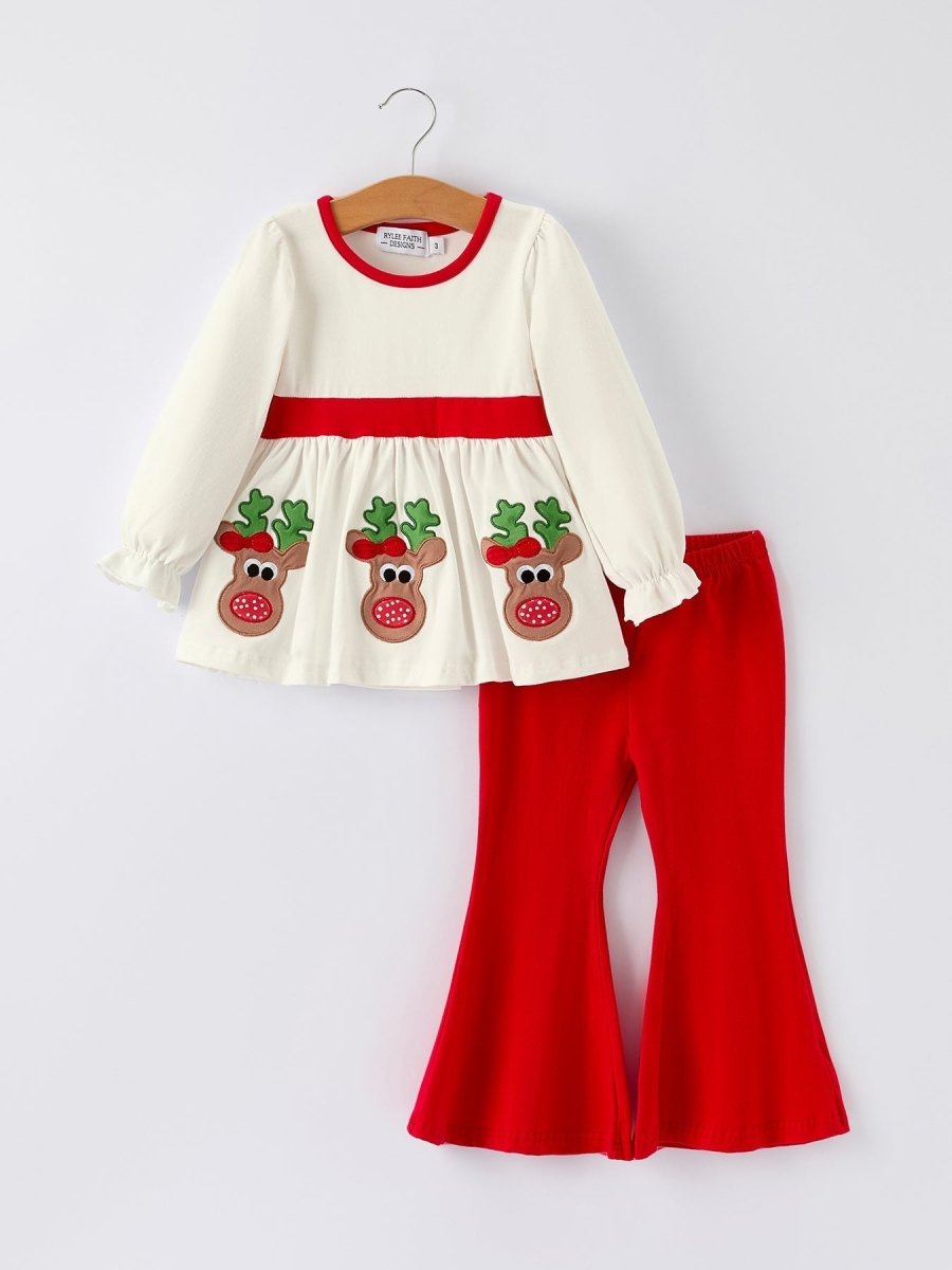 Rylee Faith Designs Christmas Toddler Girls Reindeer Applique Flared Pants Set - Everetts Place Boutique - 