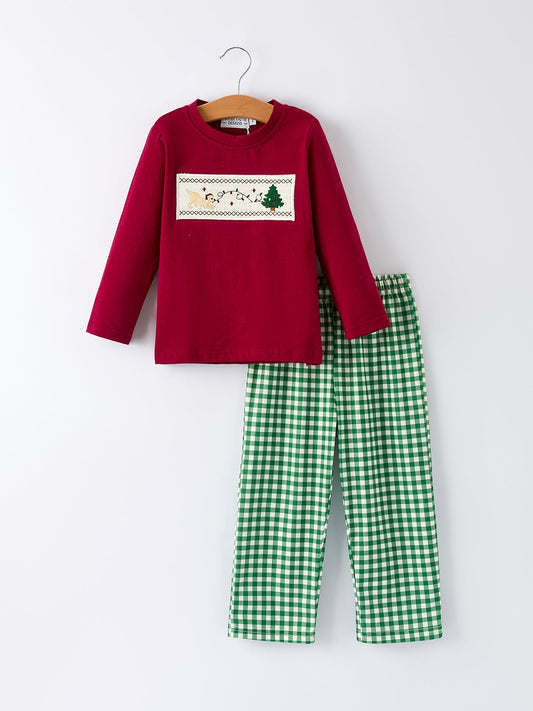 Christmas Tree Dog Smocking Embroidered  Plaid Boys Set Rylee Faith Designs Everetts Place: Online Boutique