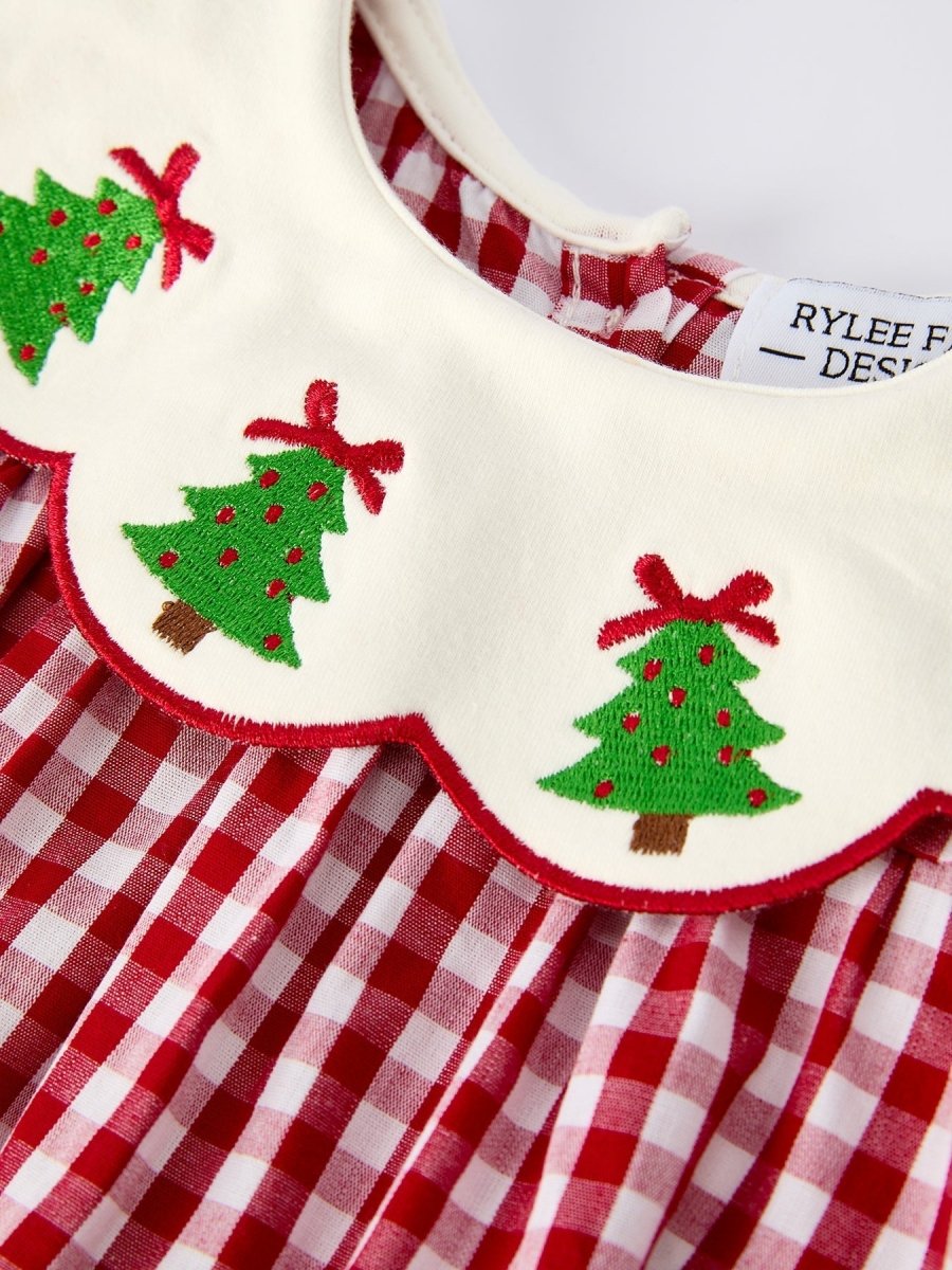 Rylee Faith Designs Christmas Tree Embroidery Red Gingham Baby Girl Bloomers - Everetts Place Boutique - 