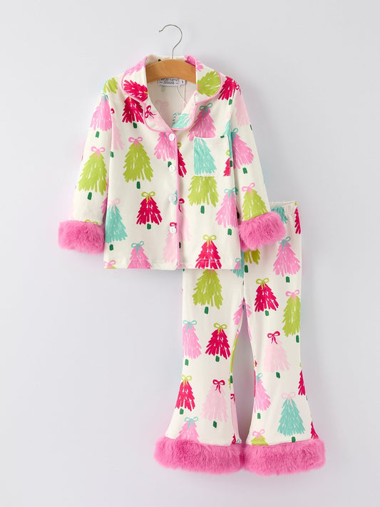 Christmas Tree Girls Pajama Set with Furry Trim: Perfect for Winter Nights Rylee Faith Designs Everetts Place: Online Boutique
