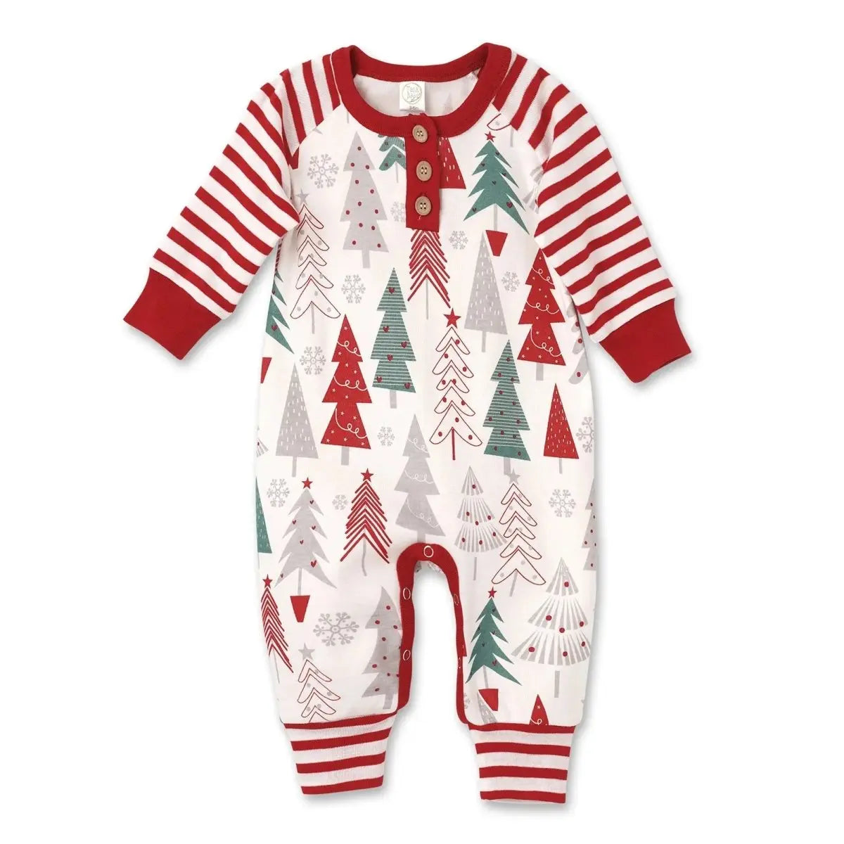 Tesa Babe Christmas Tree Henley Cotton Romper With Festive Red Stripe - Everetts Place Boutique - 