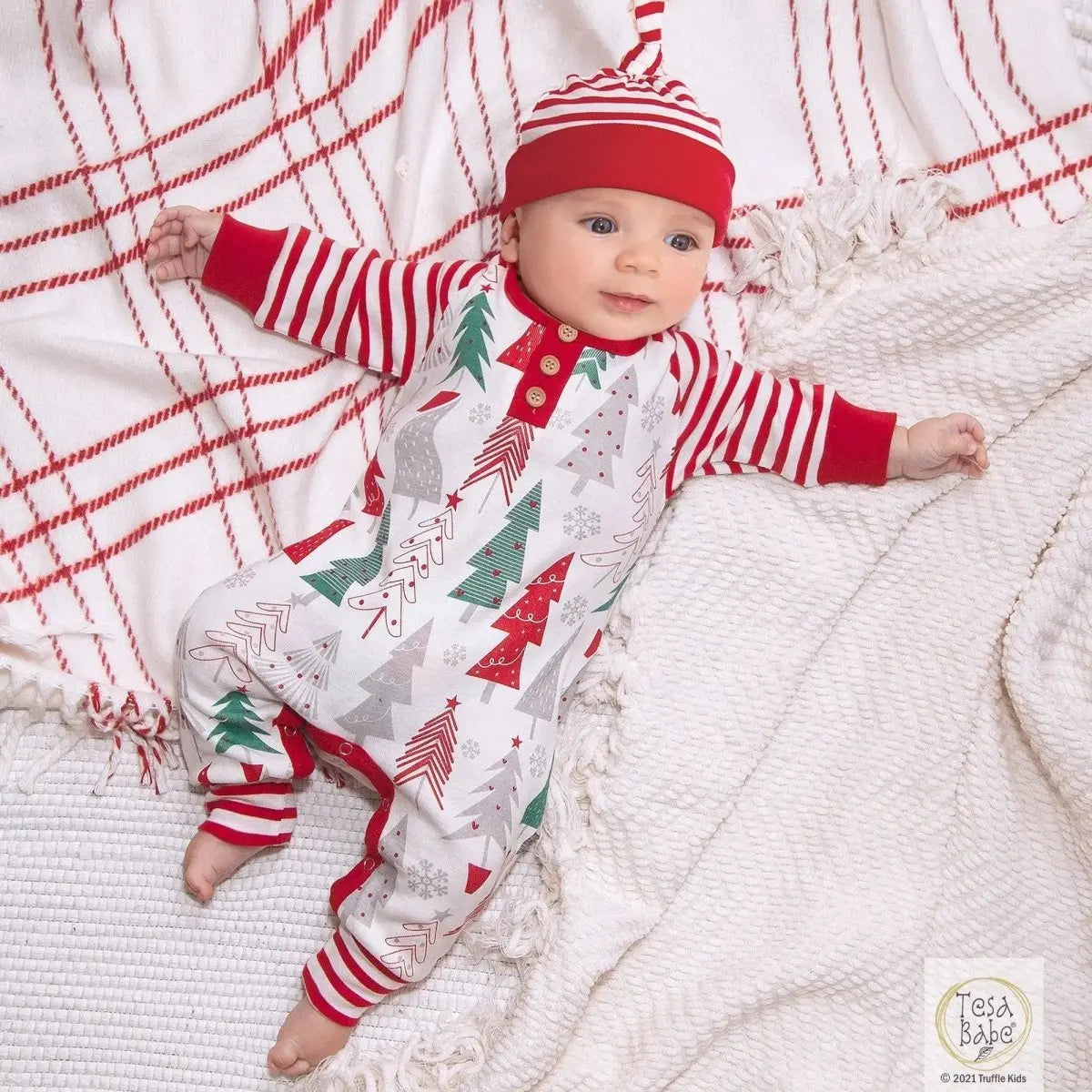 Tesa Babe Christmas Tree Henley Cotton Romper With Festive Red Stripe - Everetts Place Boutique - 