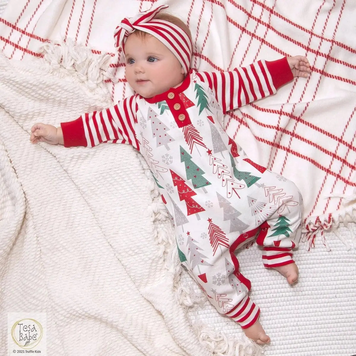 Tesa Babe Christmas Tree Henley Cotton Romper With Festive Red Stripe - Everetts Place Boutique - 