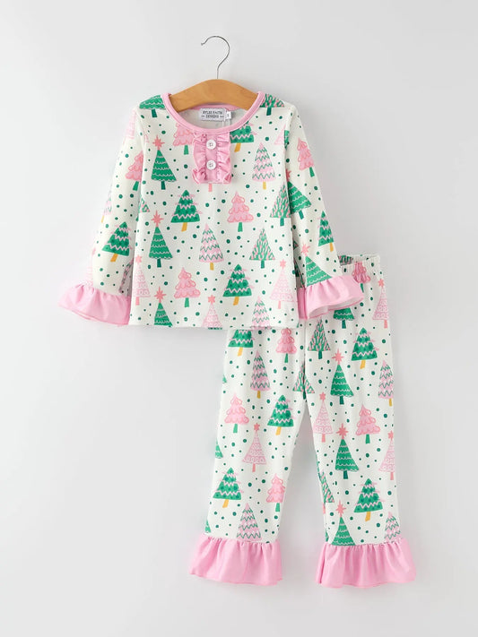 Christmas Tree Ruffles Girls Pajamas Cozy Holiday Sleepwear Rylee Faith Designs Everetts Place: Online Boutique