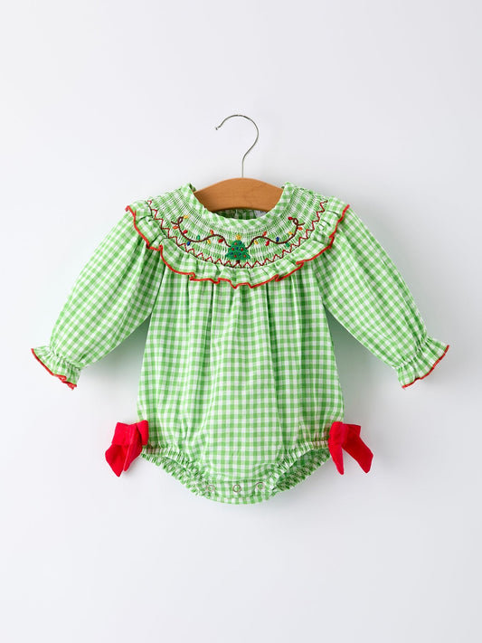 Christmas Tree Smocked Embroidery Baby Girls Romper with Green Plaid Rylee Faith Designs Everetts Place: Online Boutique