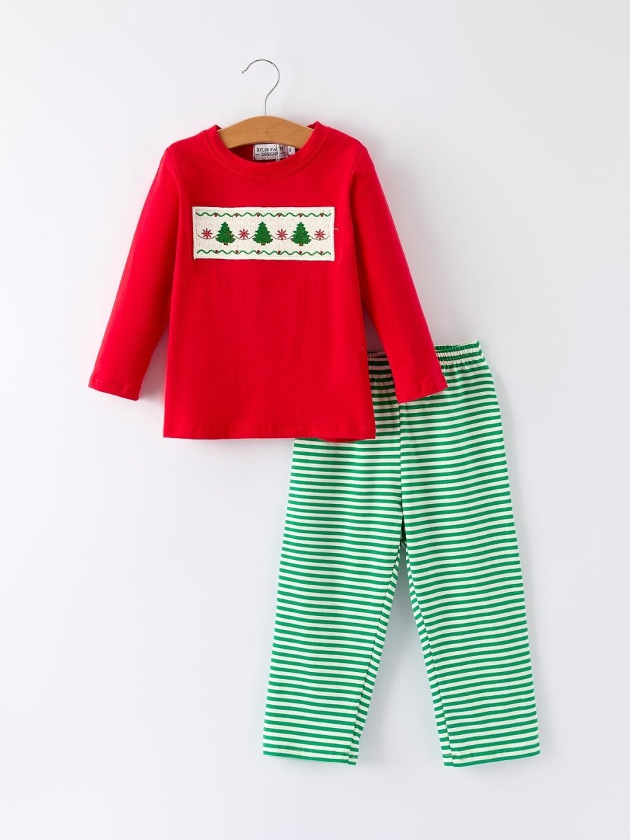 Rylee Faith Designs Christmas Tree Smocked Embroidery Green Stripe Boy Set - Everetts Place Boutique - 