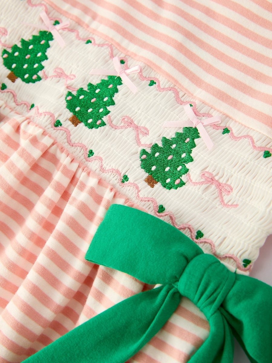 Rylee Faith Designs Christmas Tree Smocked Embroidery Stripe Baby Girls Dress - Everetts Place Boutique - 