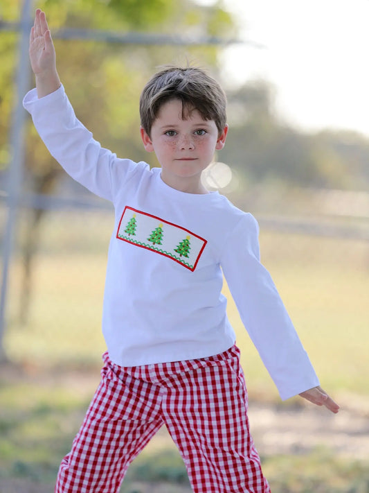 Christmas Tree Smocking Embroidered Boys Outfits for Holiday Celebrations Rylee Faith Designs Everetts Place: Online Boutique