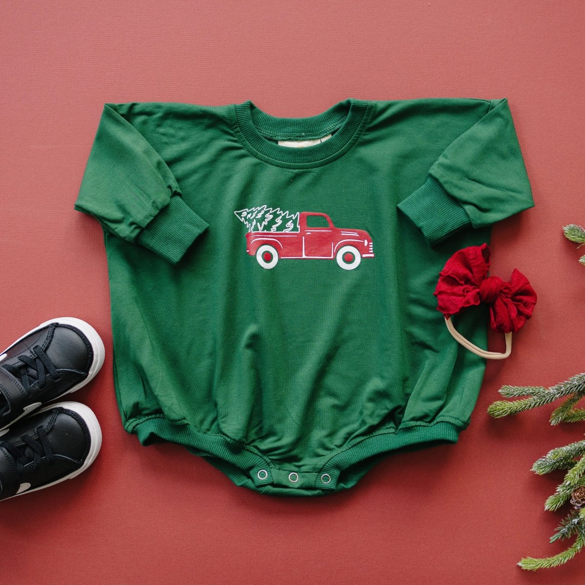 Little Joy Co. Christmas Tree Truck Bamboo Sweatshirt Romper - Everetts Place Boutique - 