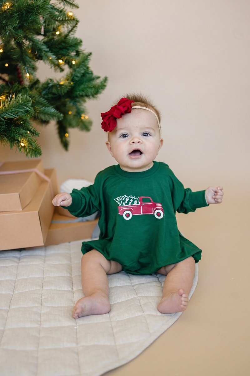 Little Joy Co. Christmas Tree Truck Bamboo Sweatshirt Romper - Everetts Place Boutique - 