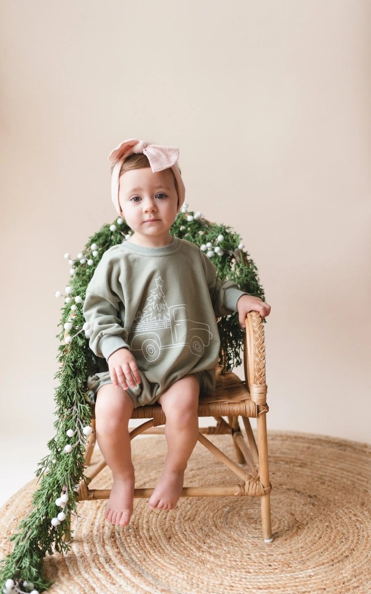 Little Joy Co. Christmas Tree Truck Sweatshirt Romper - Everetts Place Boutique - 