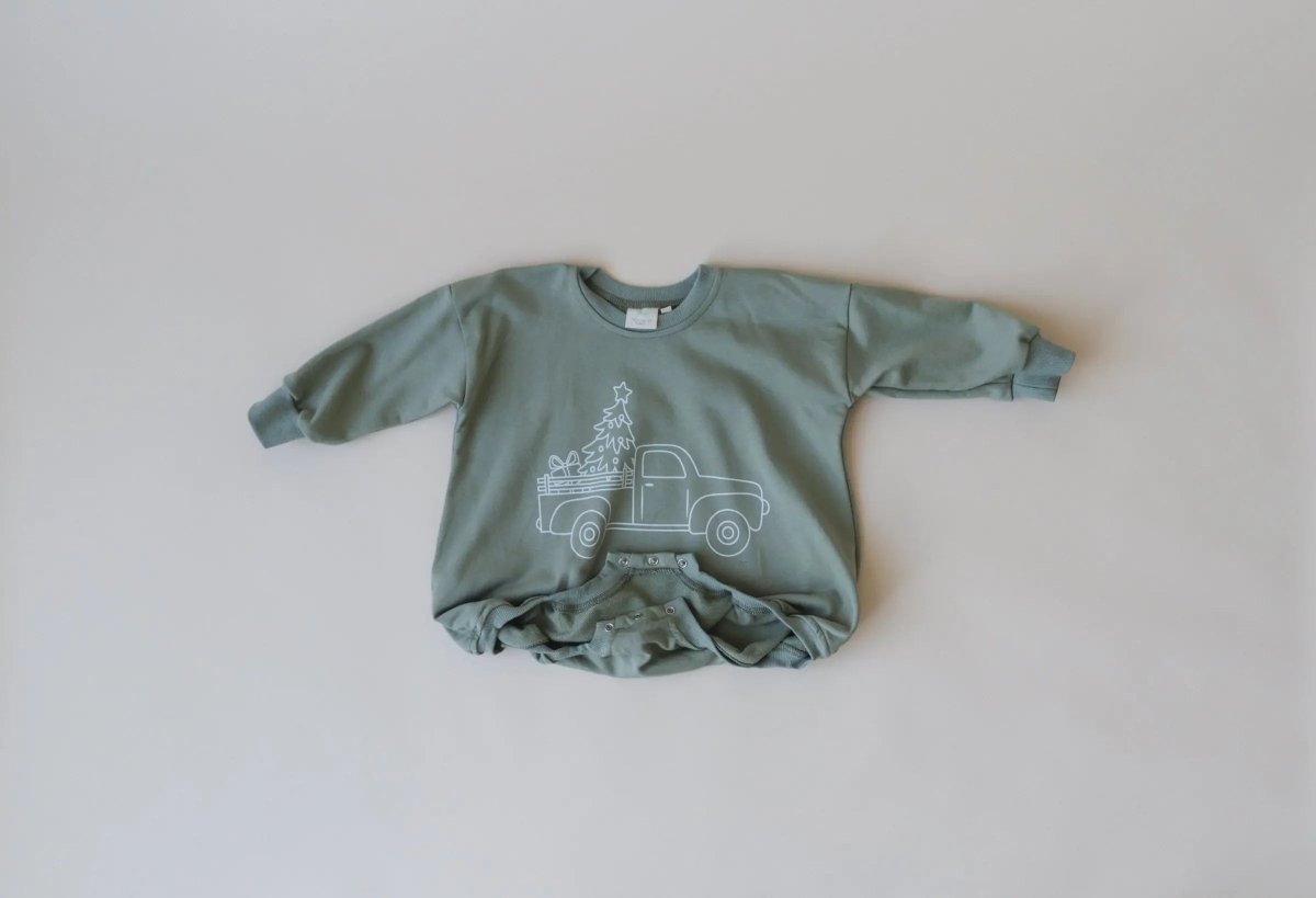 Little Joy Co. Christmas Tree Truck Sweatshirt Romper - Everetts Place Boutique - 