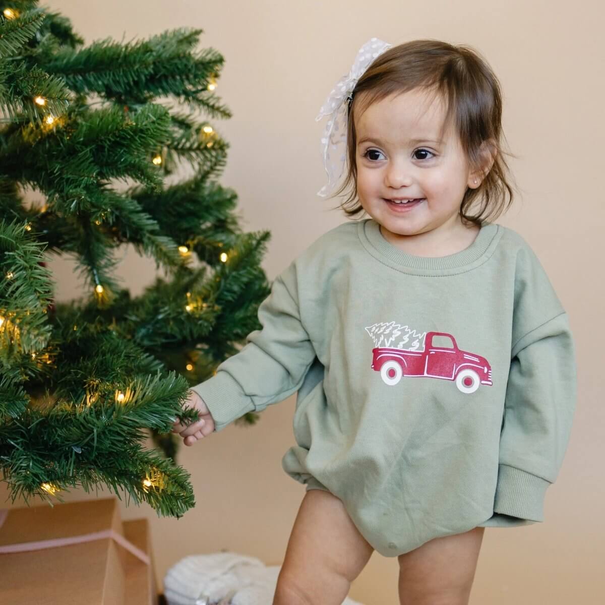 Little Joy Co. Christmas Tree Truck Sweatshirt Romper - Everetts Place Boutique - 