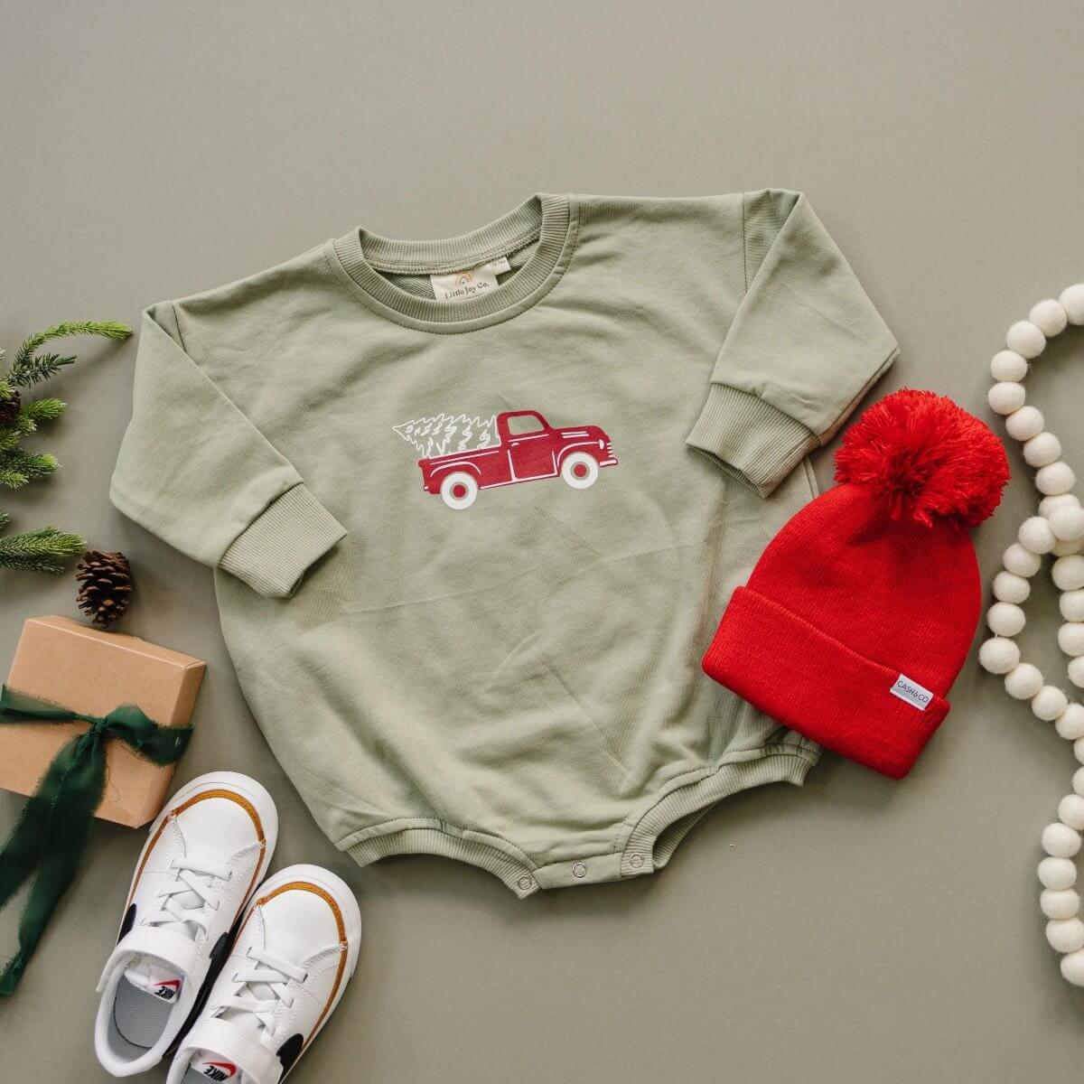Little Joy Co. Christmas Tree Truck Sweatshirt Romper - Everetts Place Boutique - 