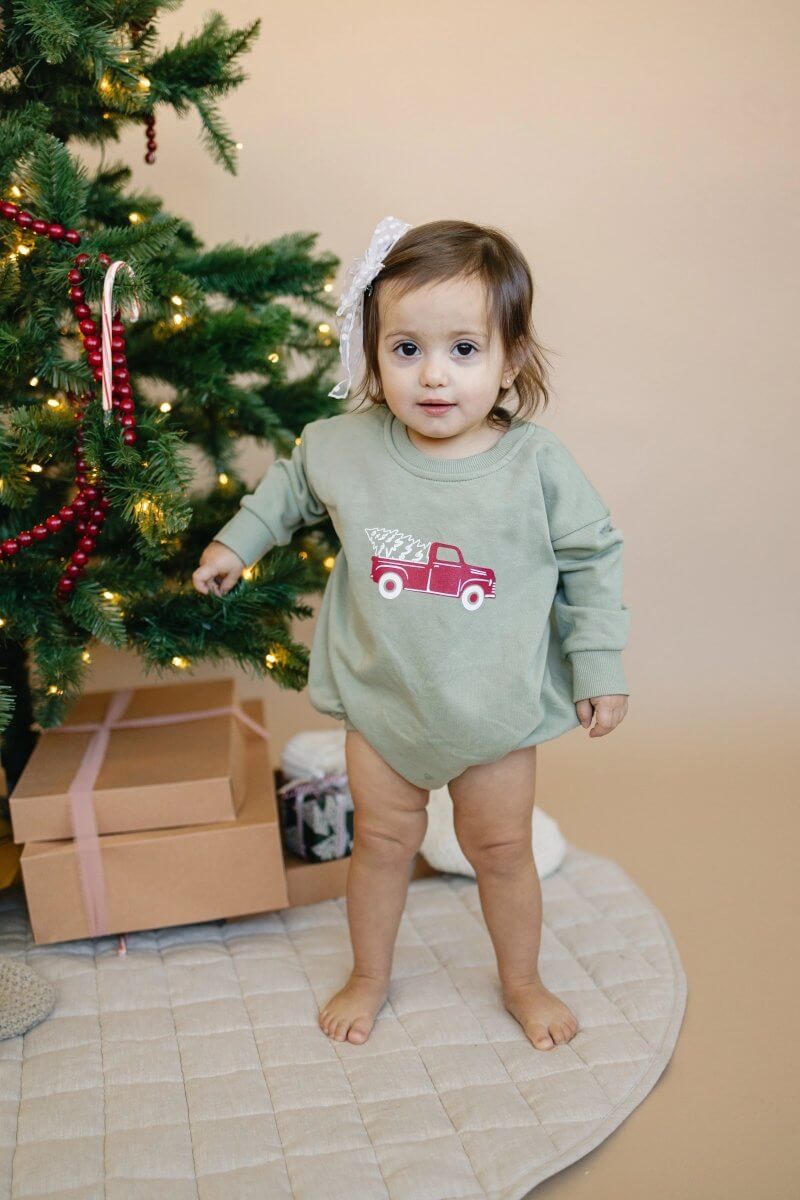 Little Joy Co. Christmas Tree Truck Sweatshirt Romper - Everetts Place Boutique - 