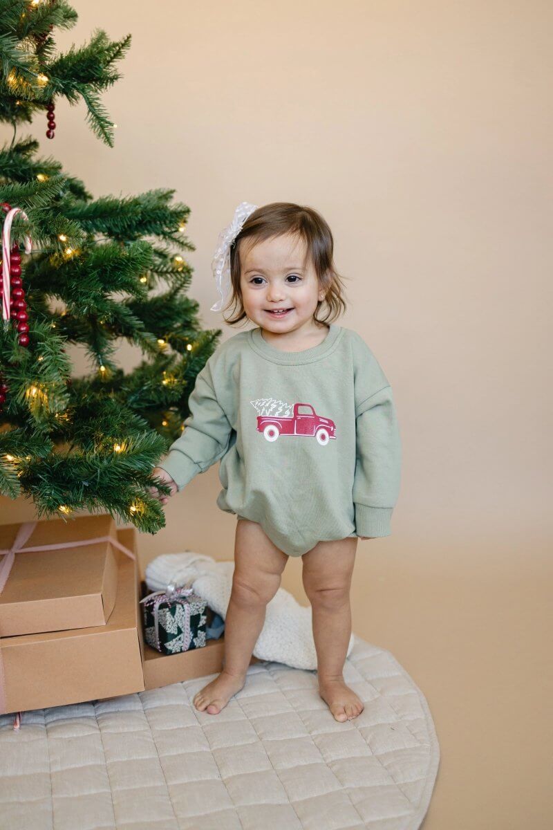 Little Joy Co. Christmas Tree Truck Sweatshirt Romper - Everetts Place Boutique - 