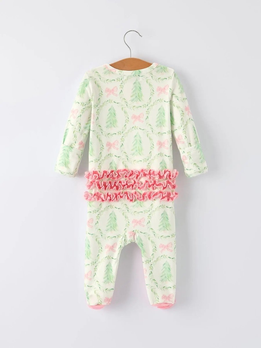 Christmas Tree Wreath Print Long Sleeve Zip Baby Girls Romper Rylee Faith Designs Everetts Place Boutique