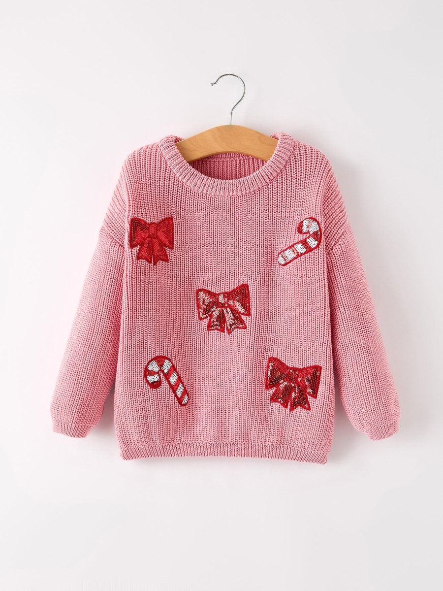 Rylee Faith Designs Christmas Winter Bow Pink Pullover Sweater for Girls - Everetts Place Boutique - 