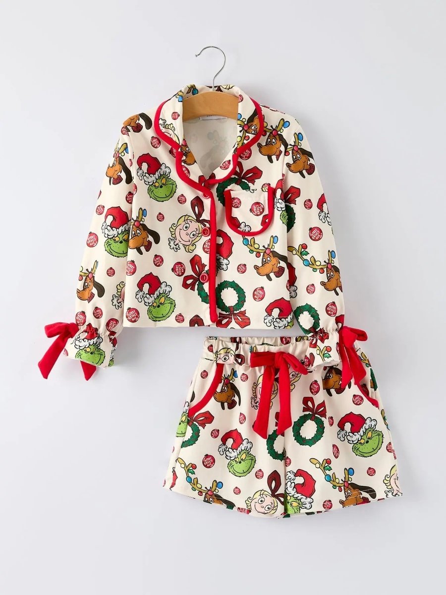 Christmas Wreath Character Print Girls Pajama Set Rylee Faith Designs Everetts Place Boutique