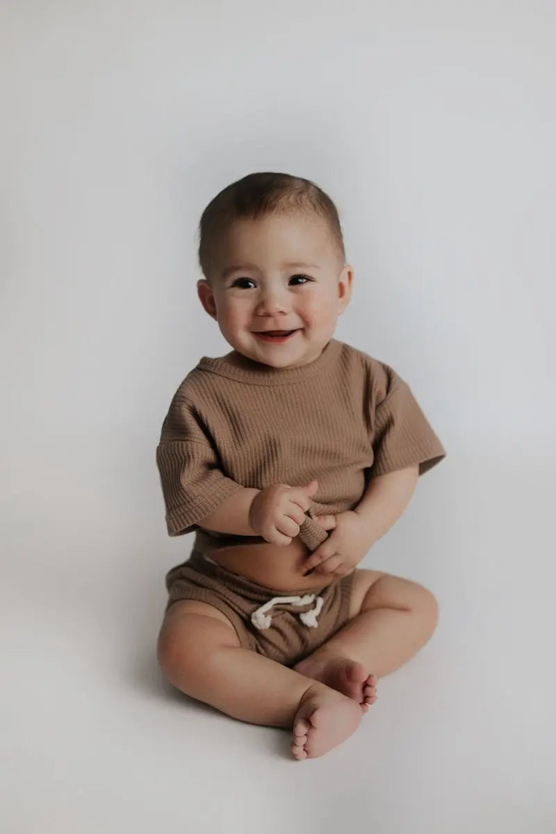 Three Little Tots Cocoa Sands Brown Waffle Two Piece Set - 