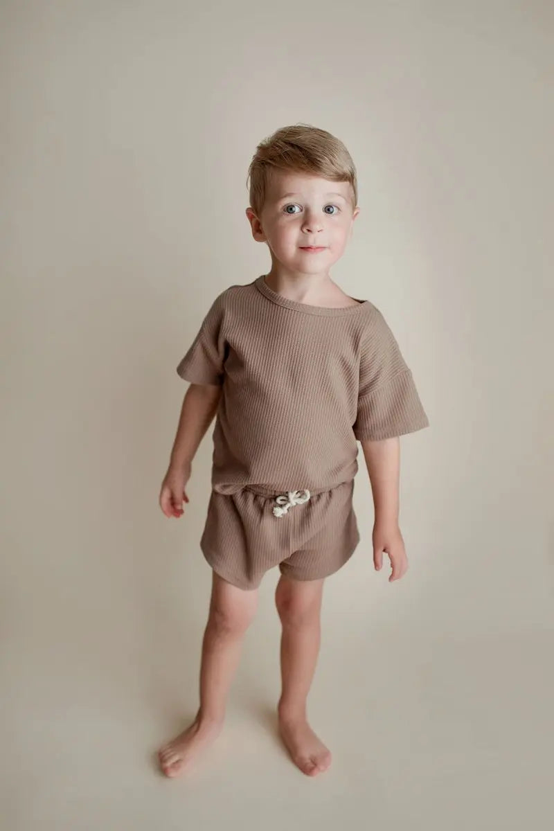 Three Little Tots Cocoa Sands Brown Waffle Two Piece Set - 