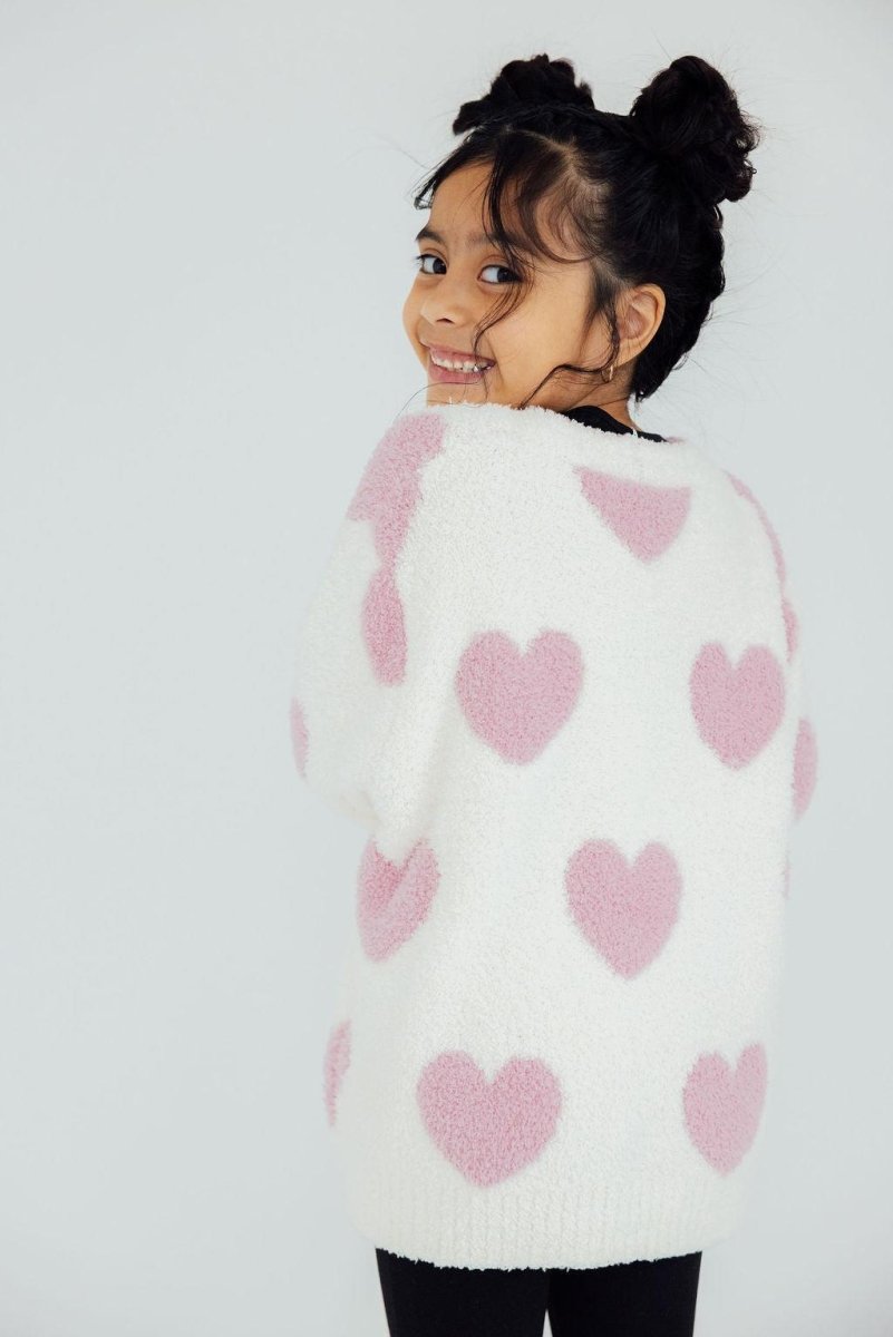 Mila & Rose ® Coconut And Light Pink Heart Cozy Cardigan For Girls - Everetts Place Boutique - 