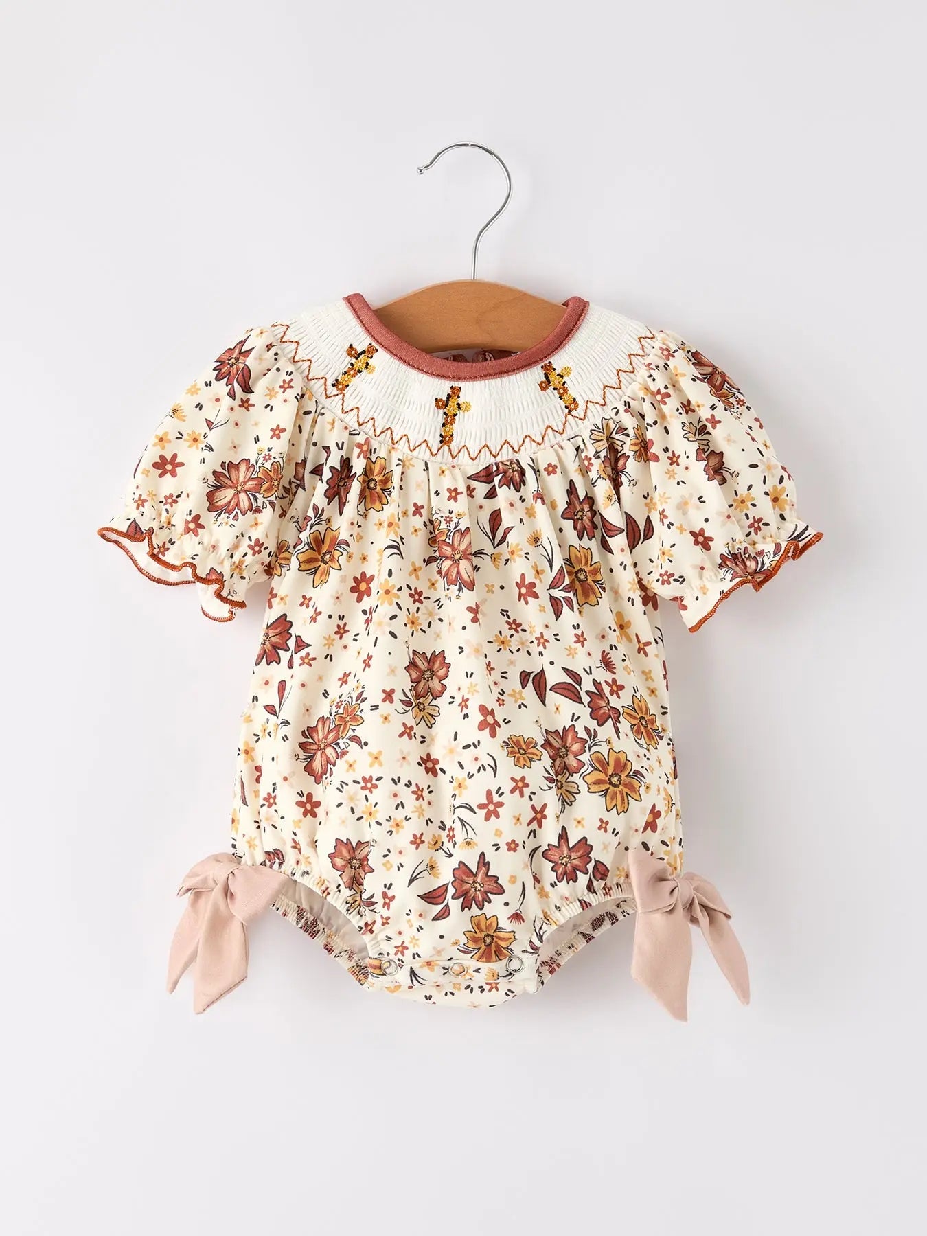 Colorful Floral Smocked Bishop Romper for Baby Girl Christening and Church Events Rylee Faith Designs Everetts Place: Online Boutique