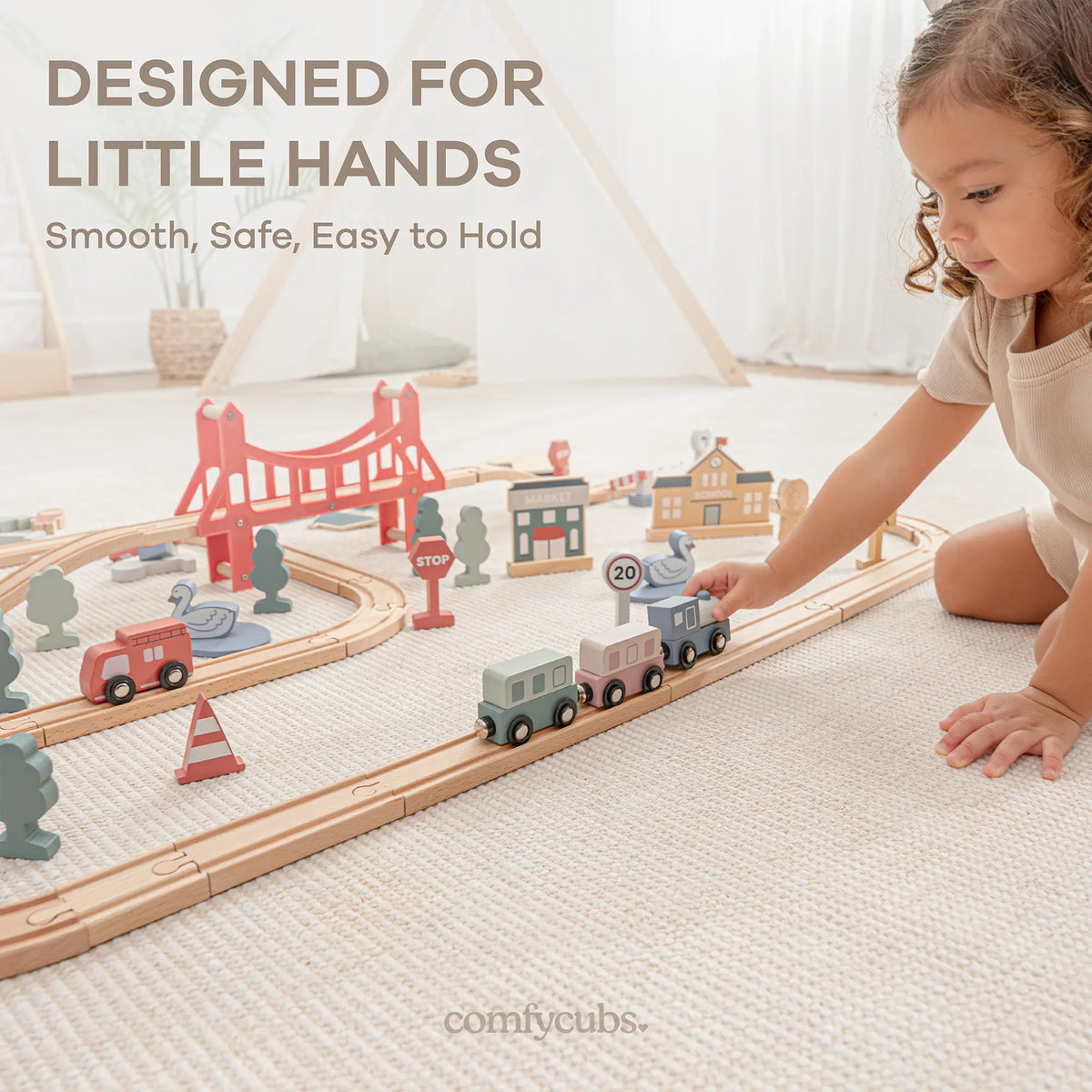 Comfy Cubs 100 Piece Wooden Train Set For Toddlers Ages 1 And Up Comfy Cubs 