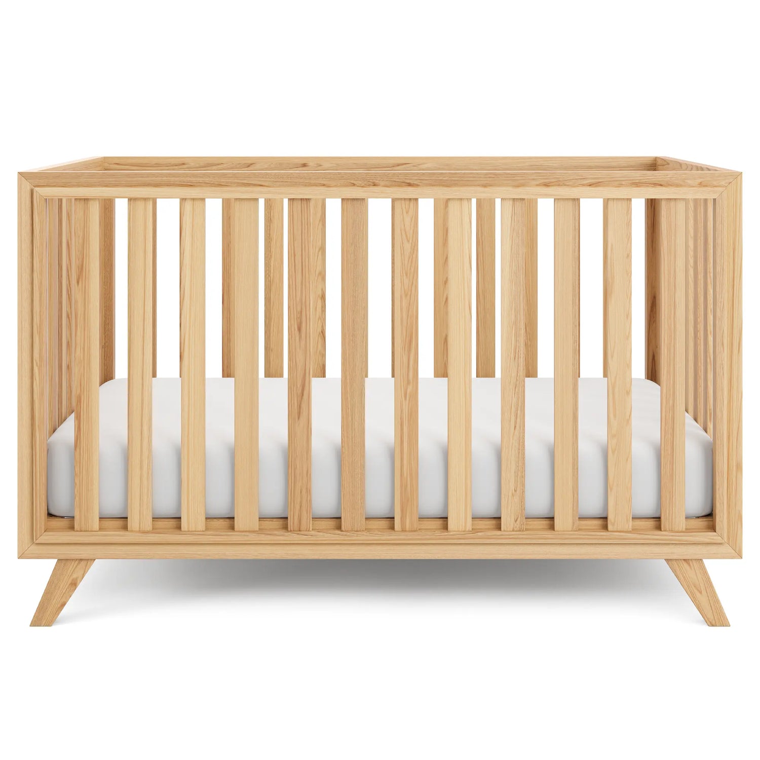 Natural wood convertible baby crib with slatted sides and clean modern lines for a nursery.