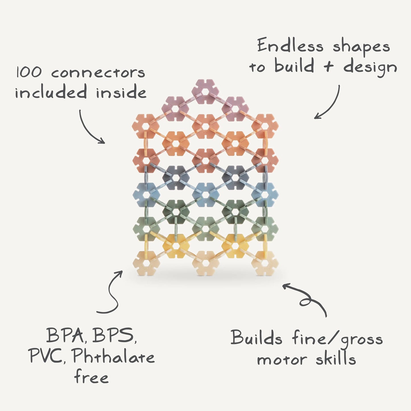 Hex Connect Building Toy Set for Kids - 100 Hexagon Shaped Discs for STEM Learning and Creativity Mushie