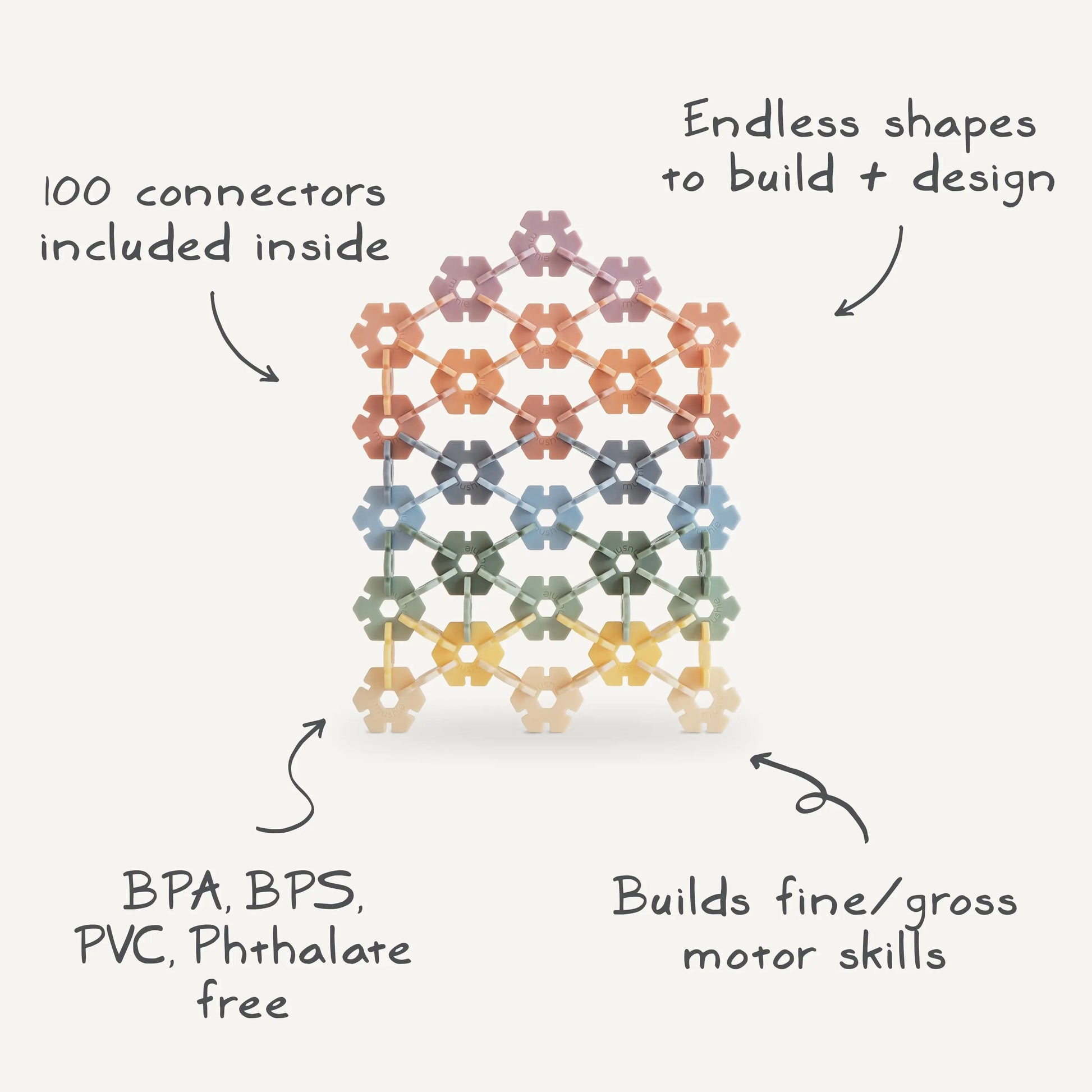 Hex Connect Building Toy Set for Kids - 100 Hexagon Shaped Discs for STEM Learning and Creativity Mushie