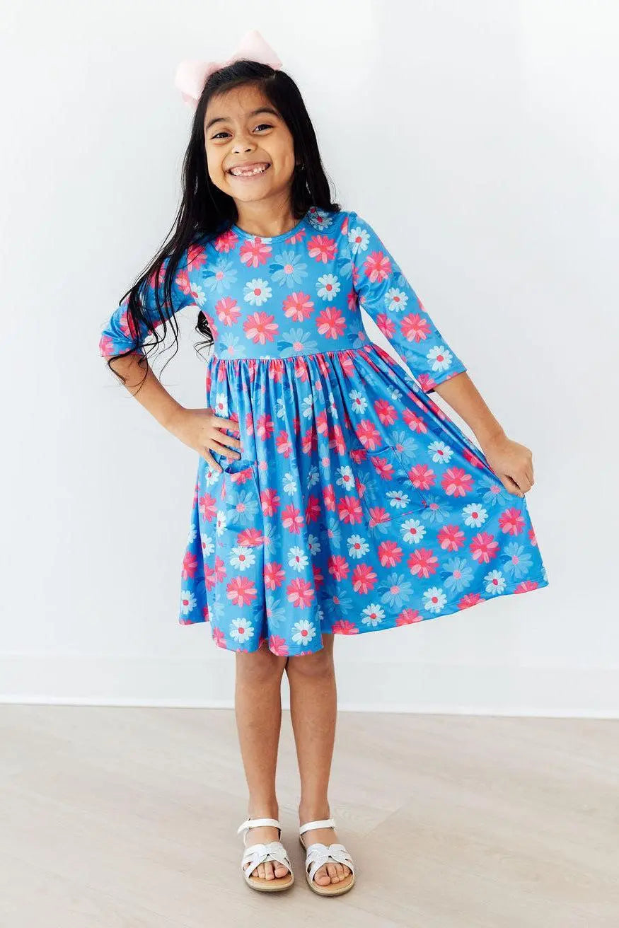 Mila & Rose ® Cotton Candy Daisy 3/4 Sleeve Pocket Twirl Dress - 