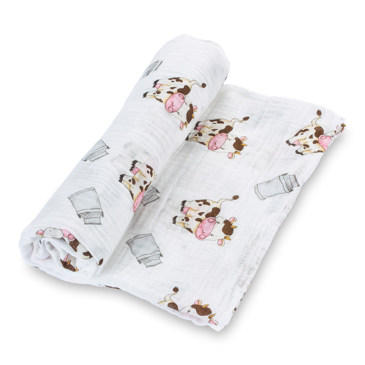 Organic cotton muslin swaddle blanket printed with spotted cows and milk pails