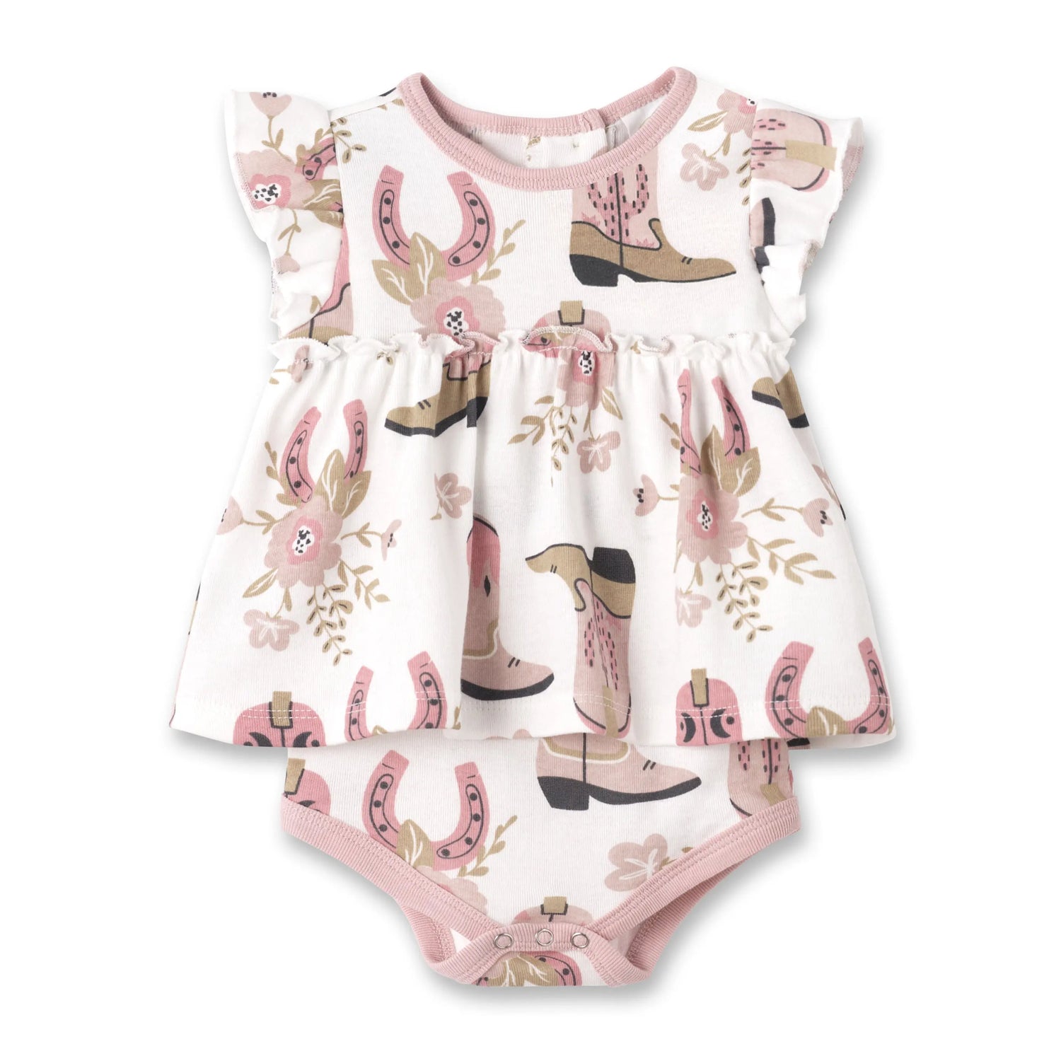 Cowgirl Boots Skirted Hypoallergenic Cotton Baby Bodysuit With Flutter Sleeves Tesa Babe 