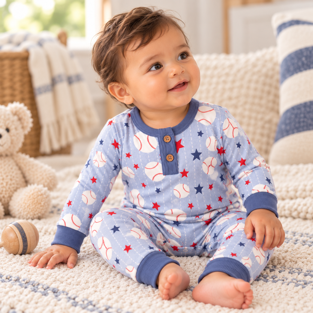 Grand Slam Bamboo Baseball Henley Romper, Baby Boys