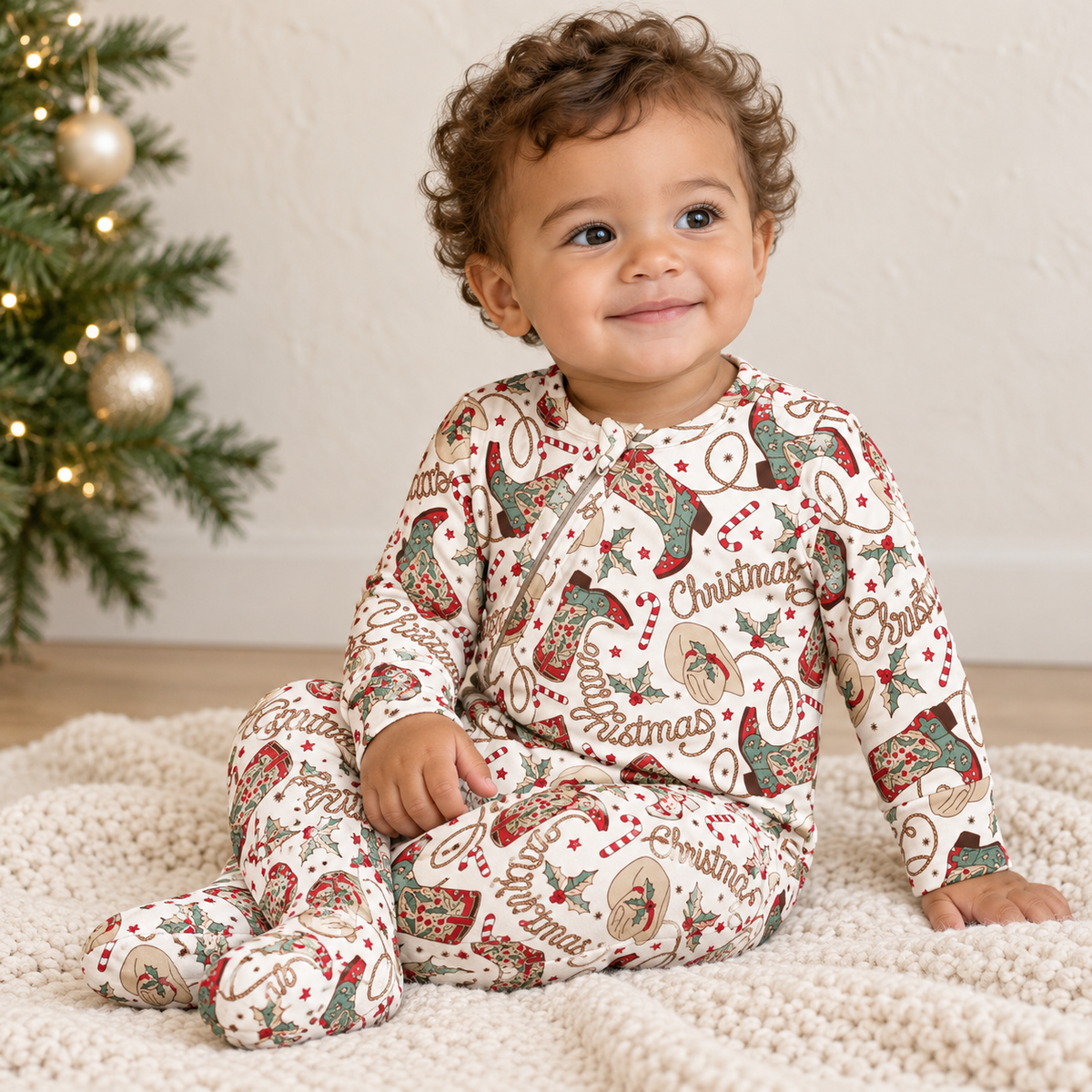 Bamboo Zipper Romper, Western Christmas Print