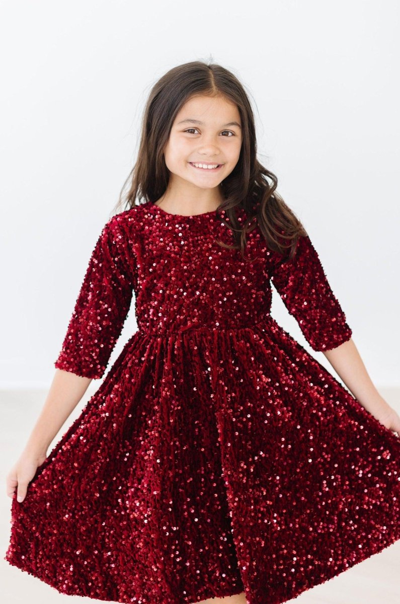 Mila & Rose ® Cranberry Velvet Sequin Dress For Girls Party Wear - Everetts Place Boutique - 
