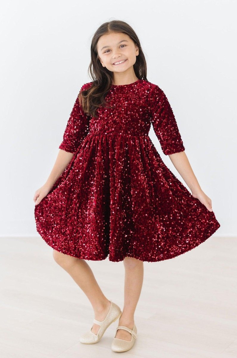 Mila & Rose ® Cranberry Velvet Sequin Dress For Girls Party Wear - Everetts Place Boutique - 