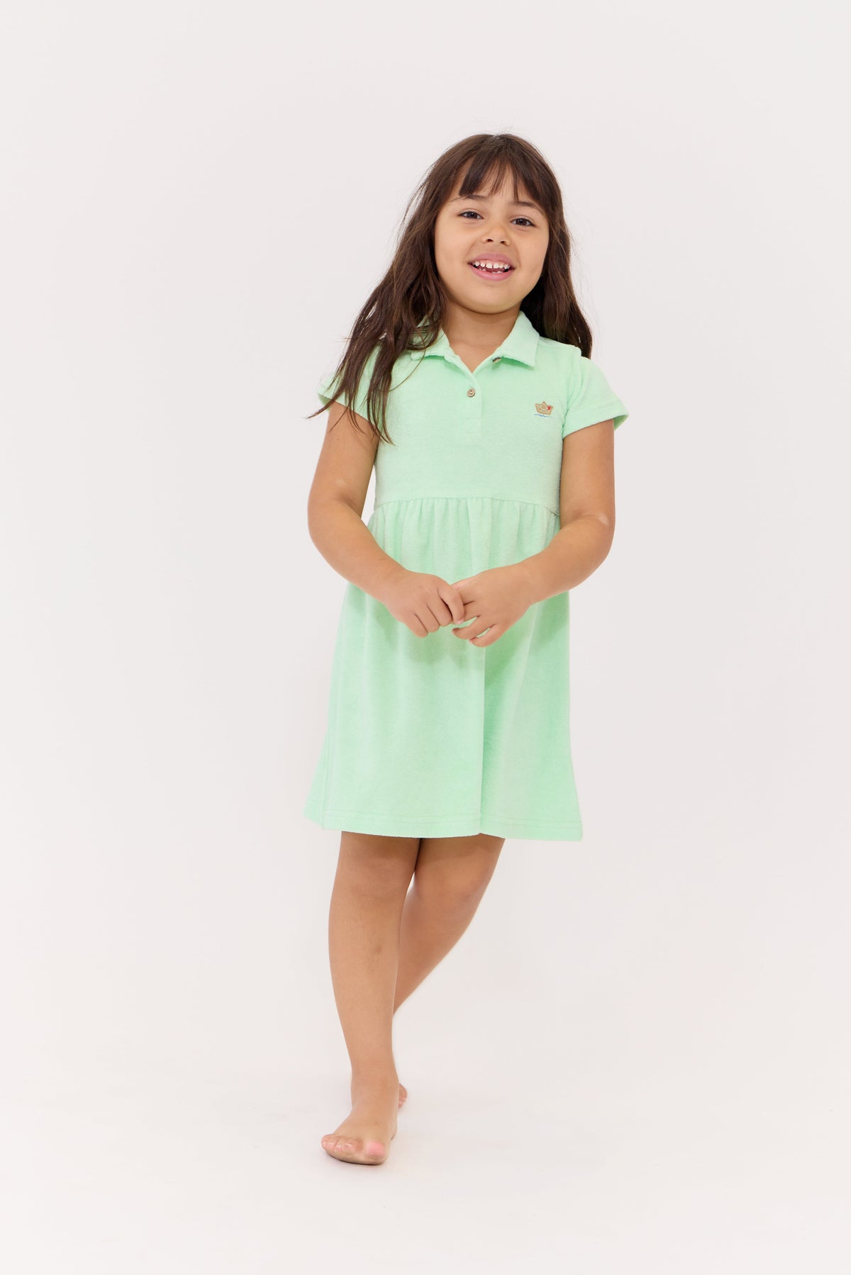 Elouise Dress Celery Terry Cloth Short Sleeve Collar Button Flared Skirt Kids by Crew Kids NY at Everetts Place