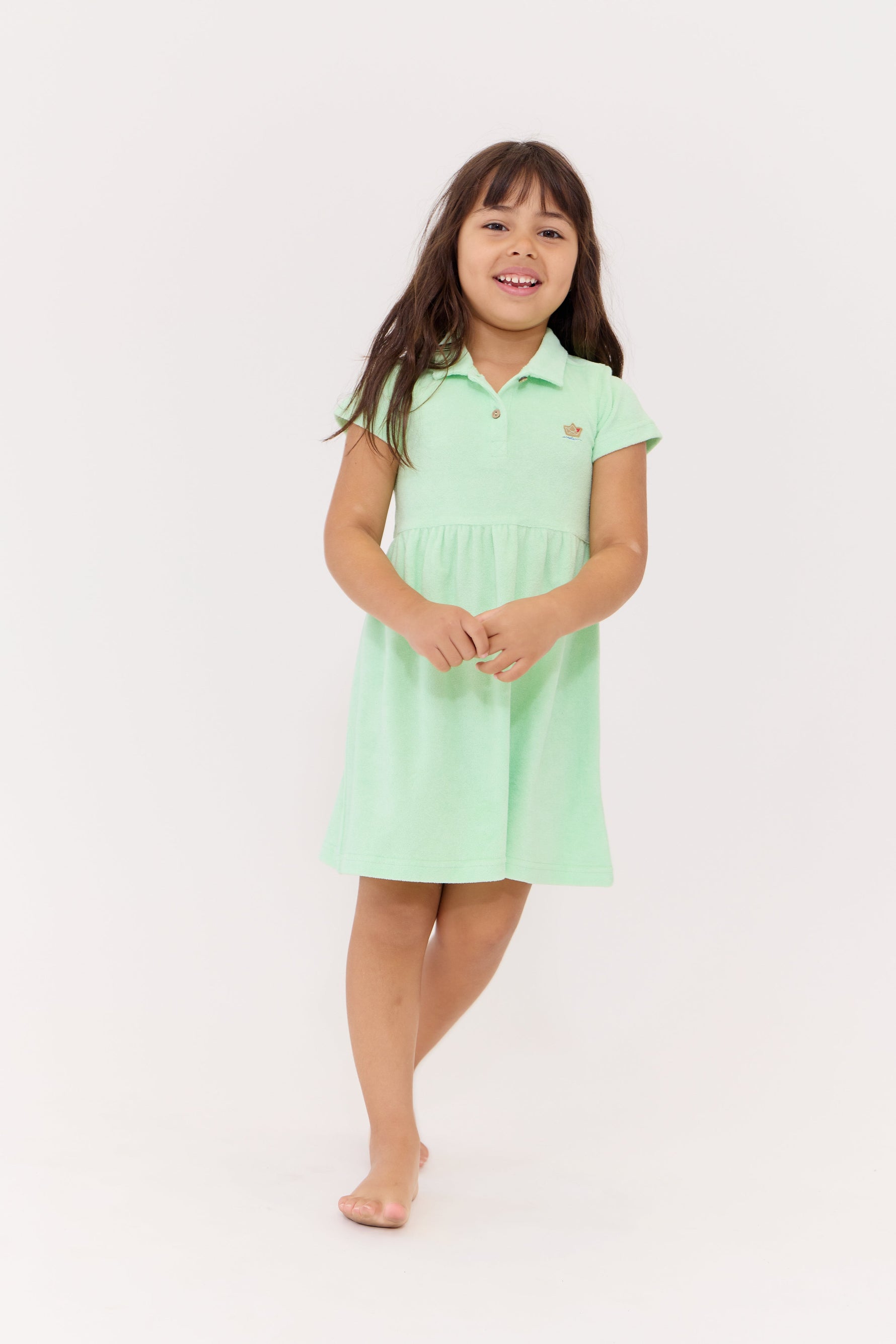 Elouise Dress Celery Terry Cloth Short Sleeve Collar Button Flared Skirt Kids by Crew Kids NY at Everetts Place