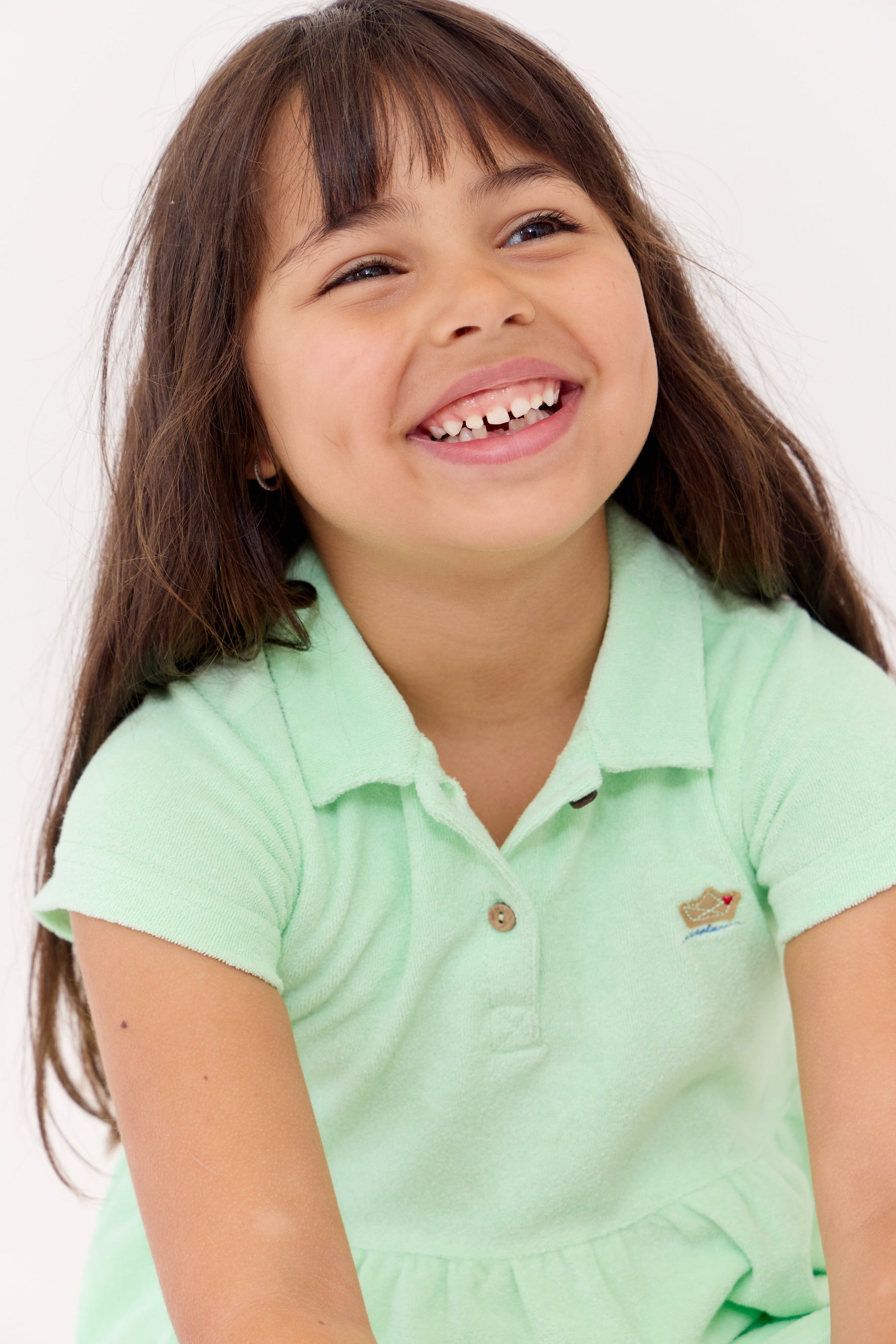 Elouise Dress Celery Terry Cloth Short Sleeve Collar Button Flared Skirt Kids by Crew Kids NY at Everetts Place