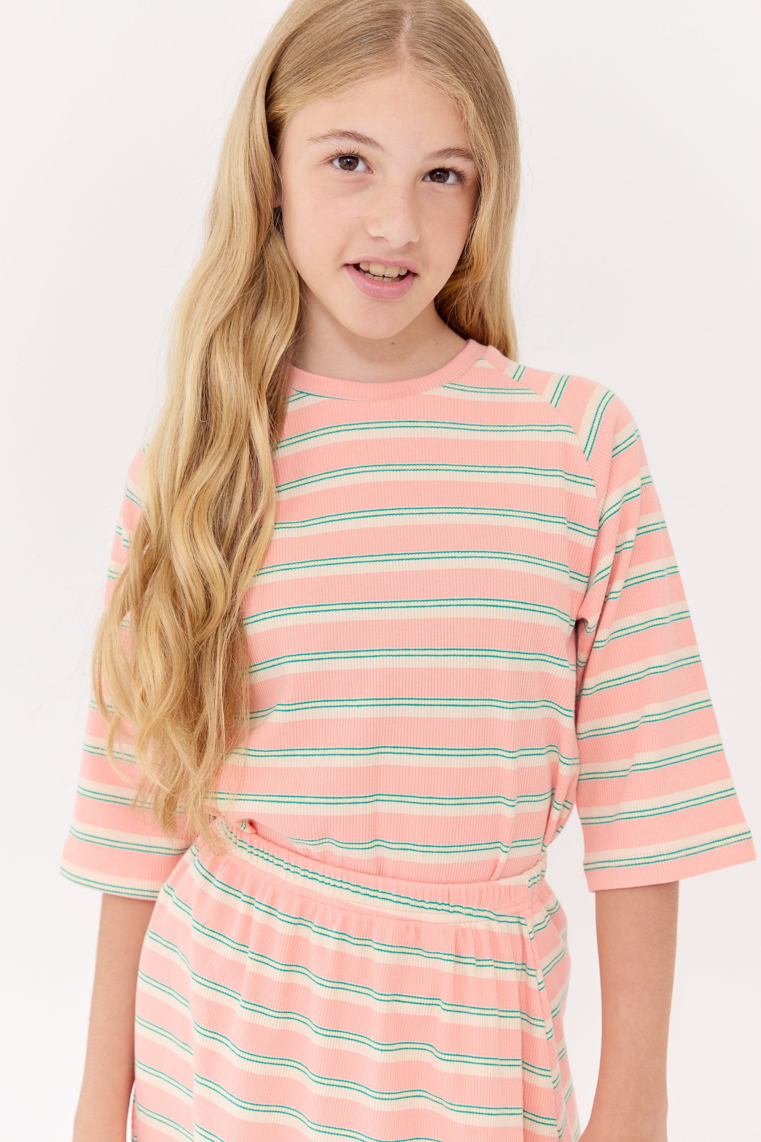 Crew Kids NY Ribbed Elbow Sleeve Tee With Round Neckline For Kids Pink
