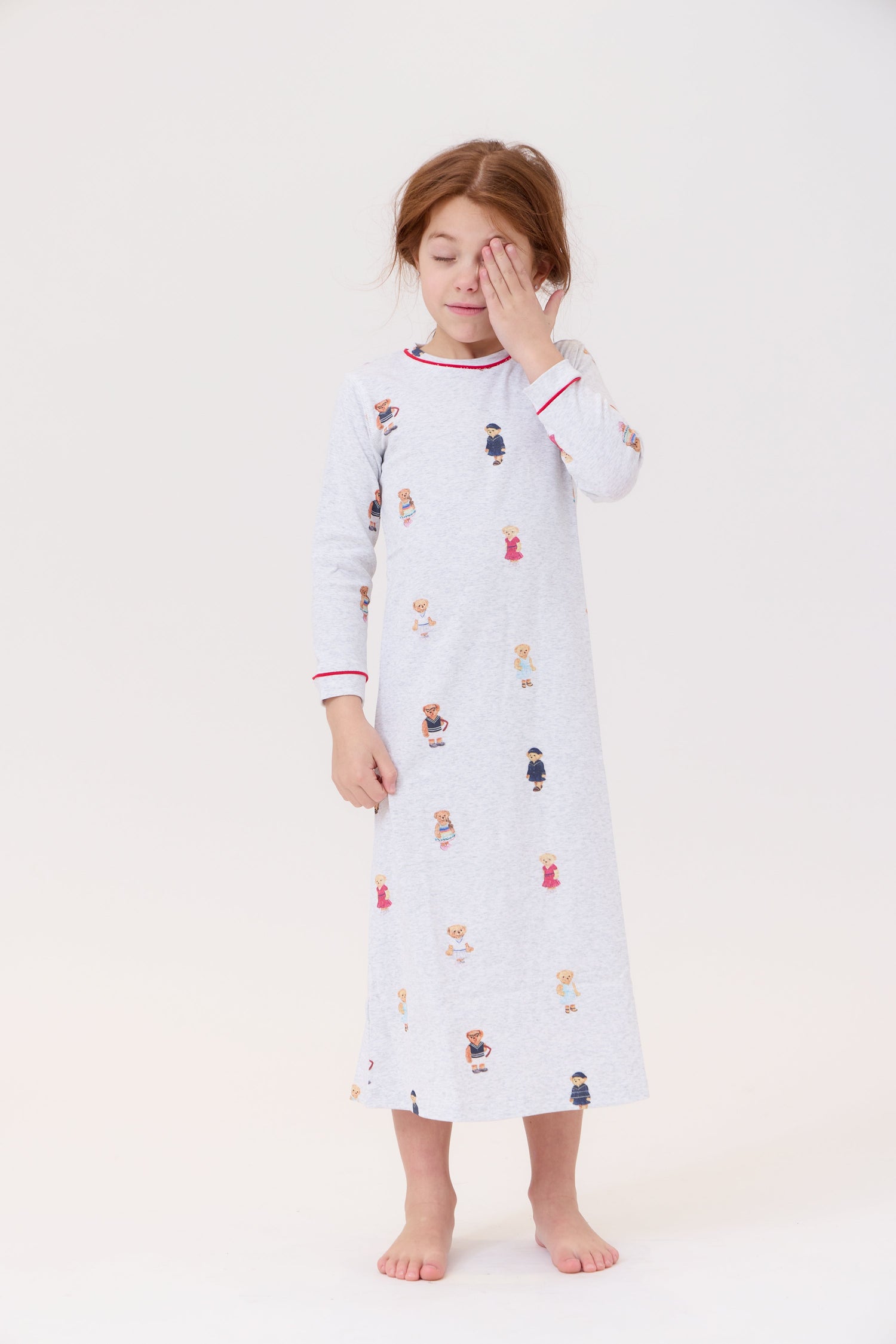 Teddy Nightgown Grey Red Bear Print Long Sleeve Grandpa Style Kids Nightgown
