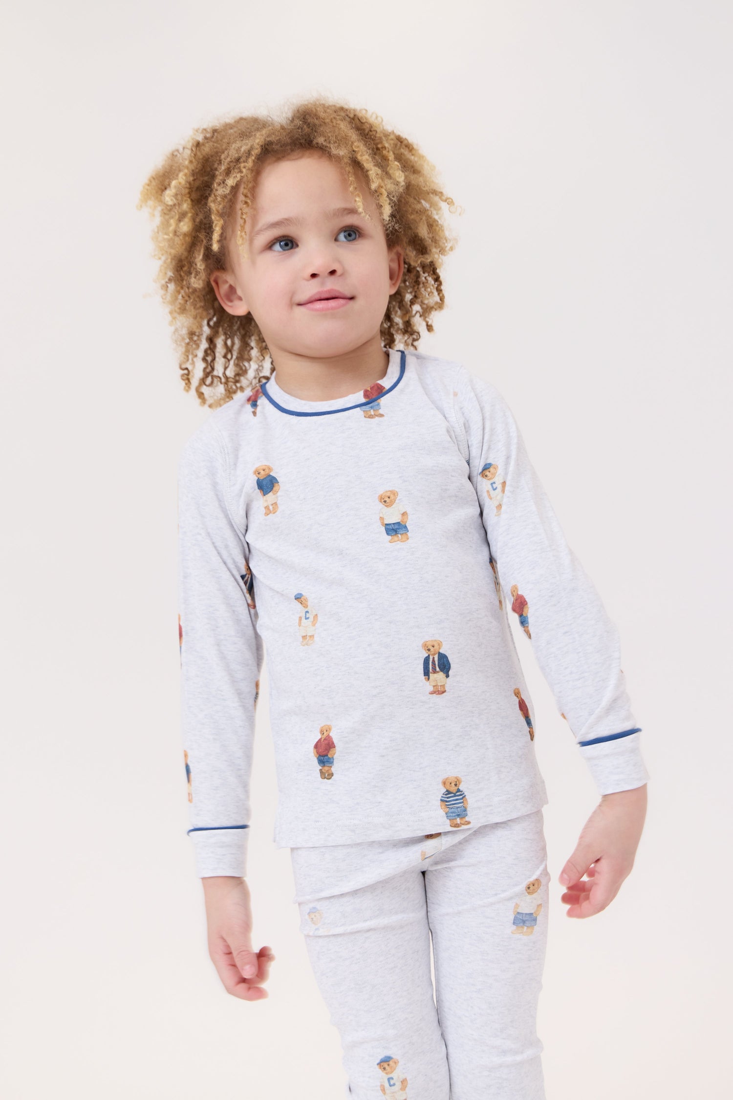 Teddy Bear Graphic Long Sleeve Pajama Set For Kids Grey Blue
