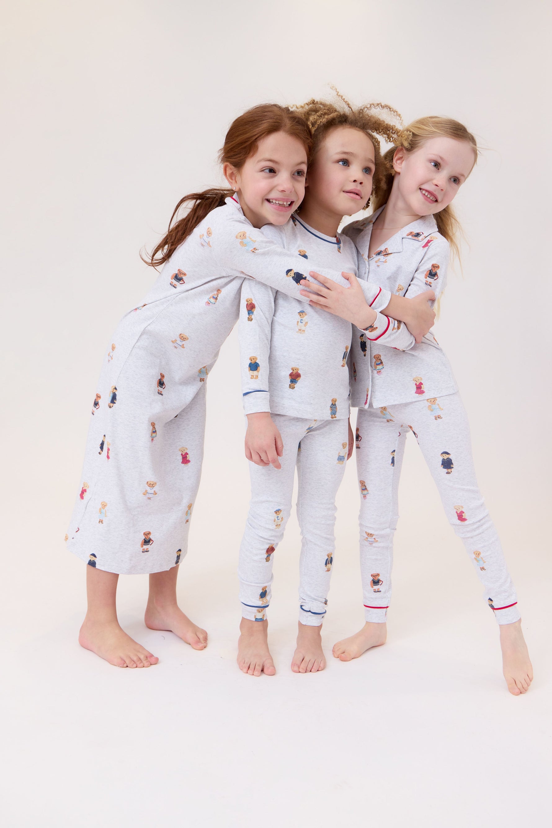 Teddy Nightgown Grey Red Bear Print Long Sleeve Grandpa Style Kids Nightgown by Crew Kids NY at Everetts Place