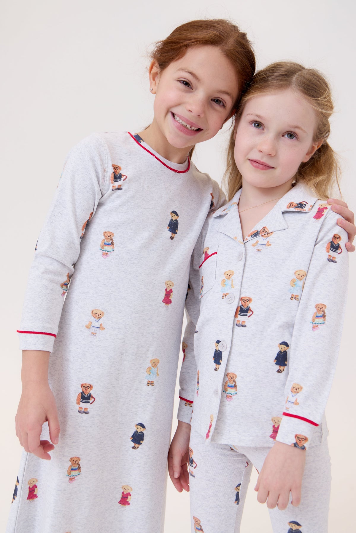 Teddy Nightgown Grey Red Bear Print Long Sleeve Grandpa Style Kids Nightgown by Crew Kids NY at Everetts Place
